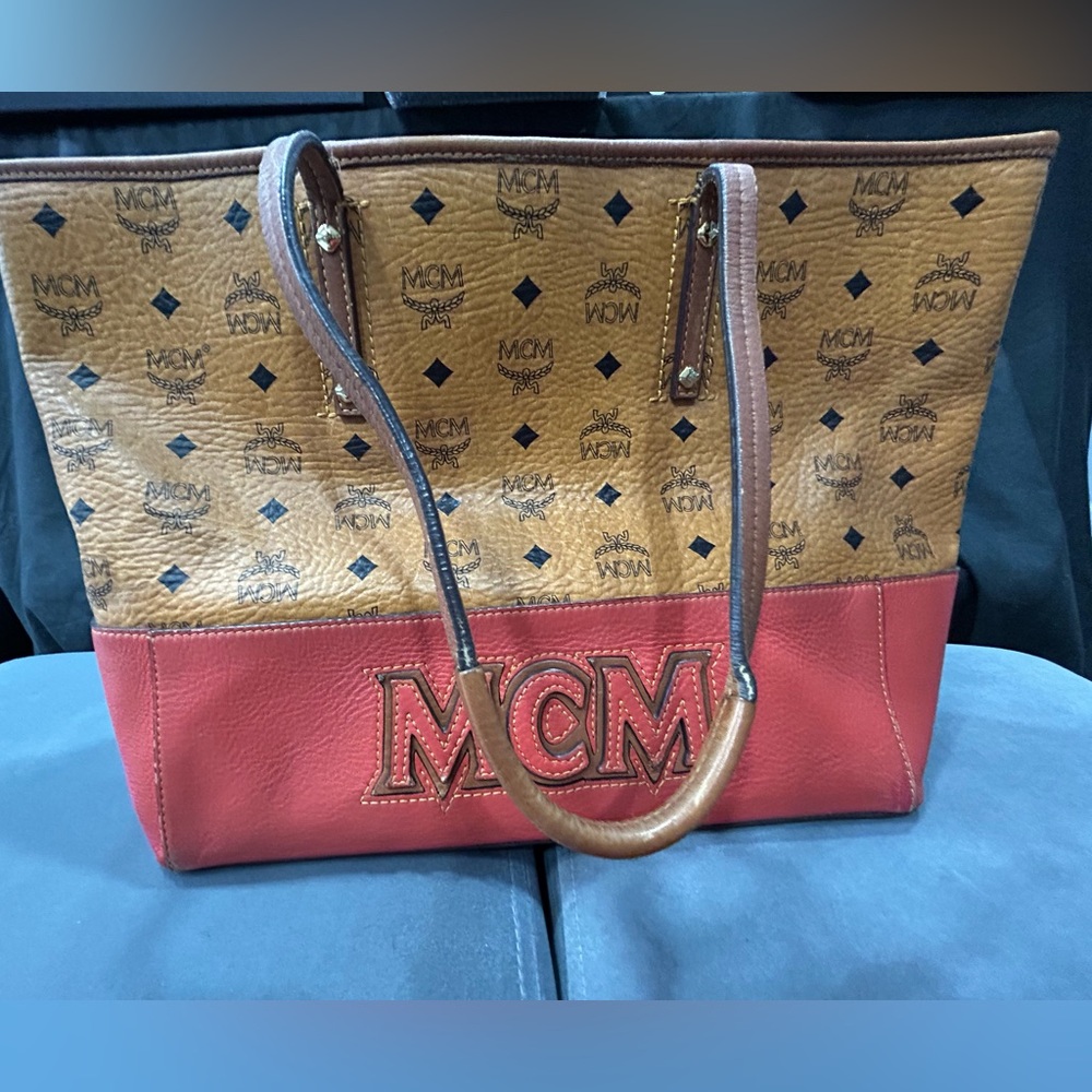 MCM Brown and Red Logo Tote